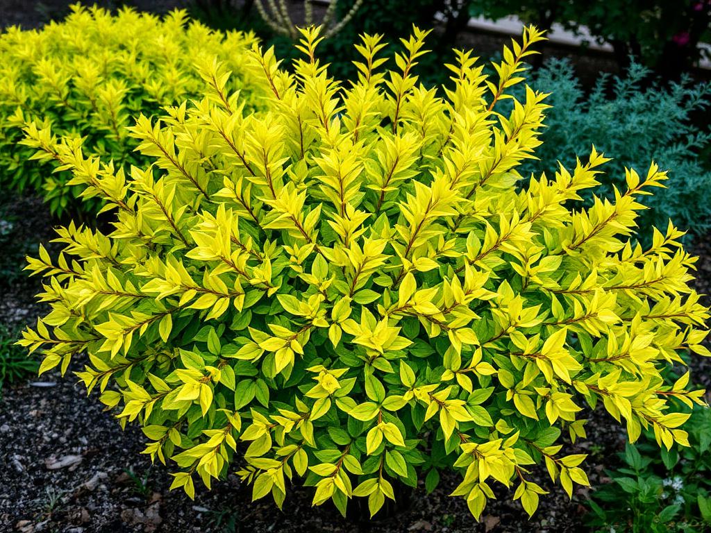 Golden euonymus shrub with bright gold and green variegated leaves in a garden