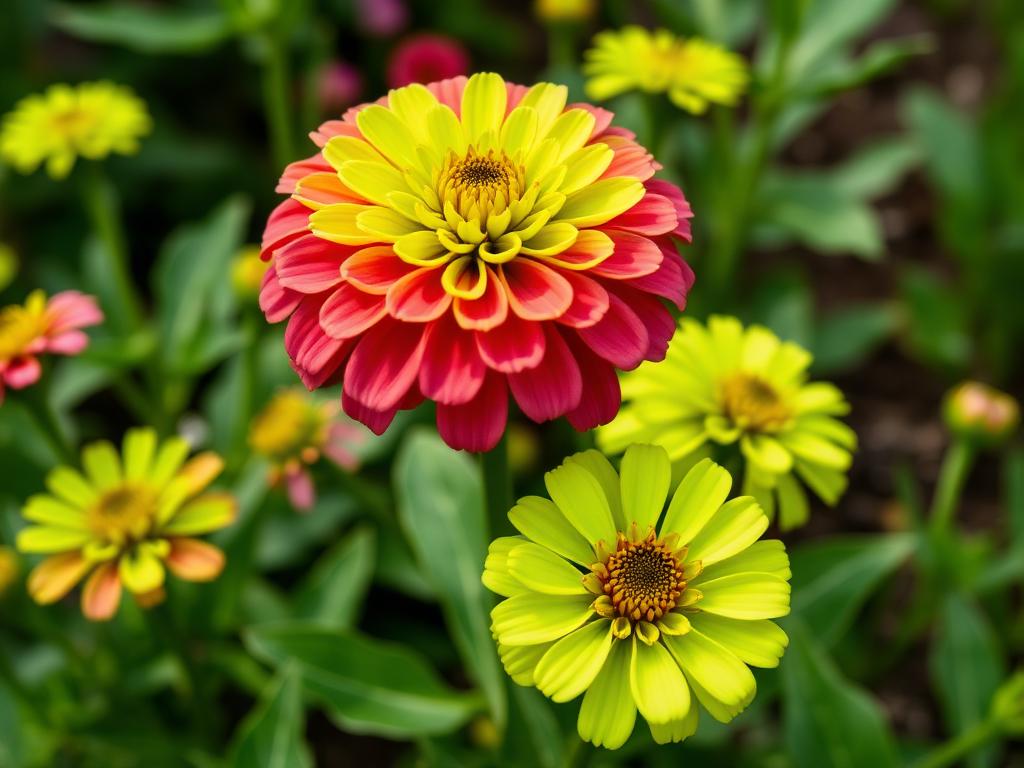 Green Envy zinnia with chartreuse lime green flower blooms in a cutting garden