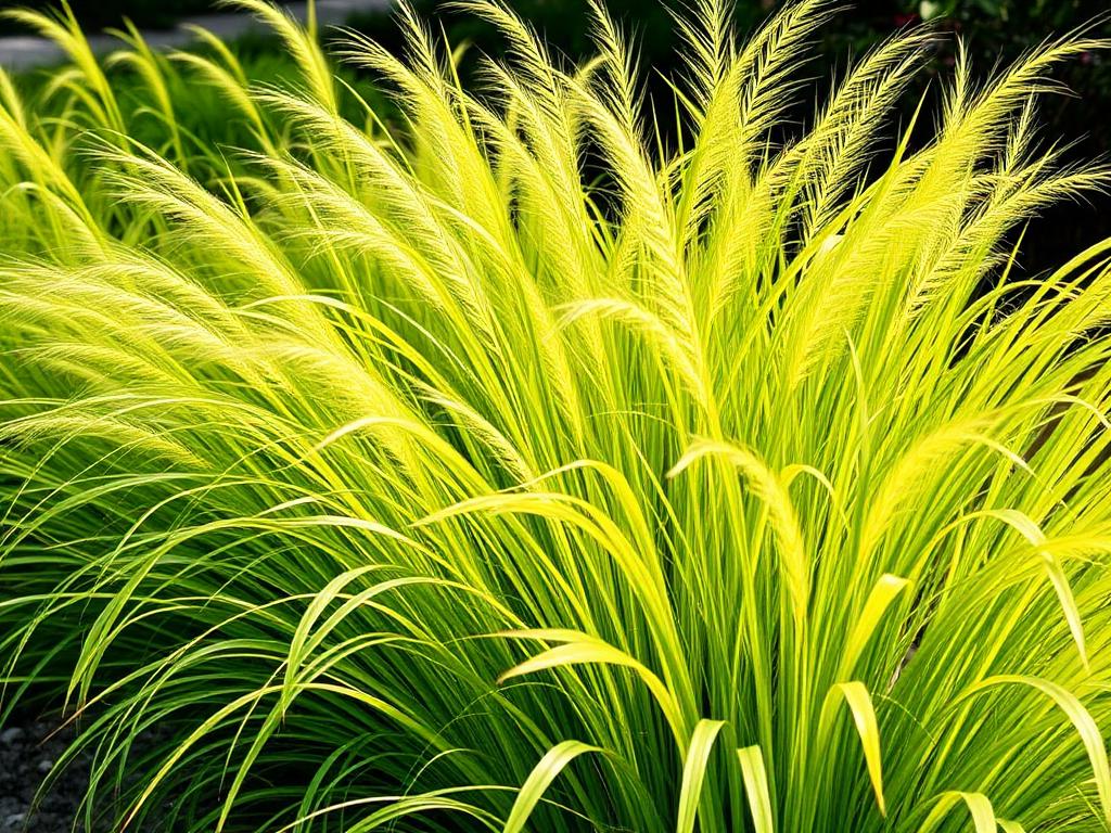 Hakonechloa macra All Gold ornamental grass with flowing bright chartreuse blades in a shaded border