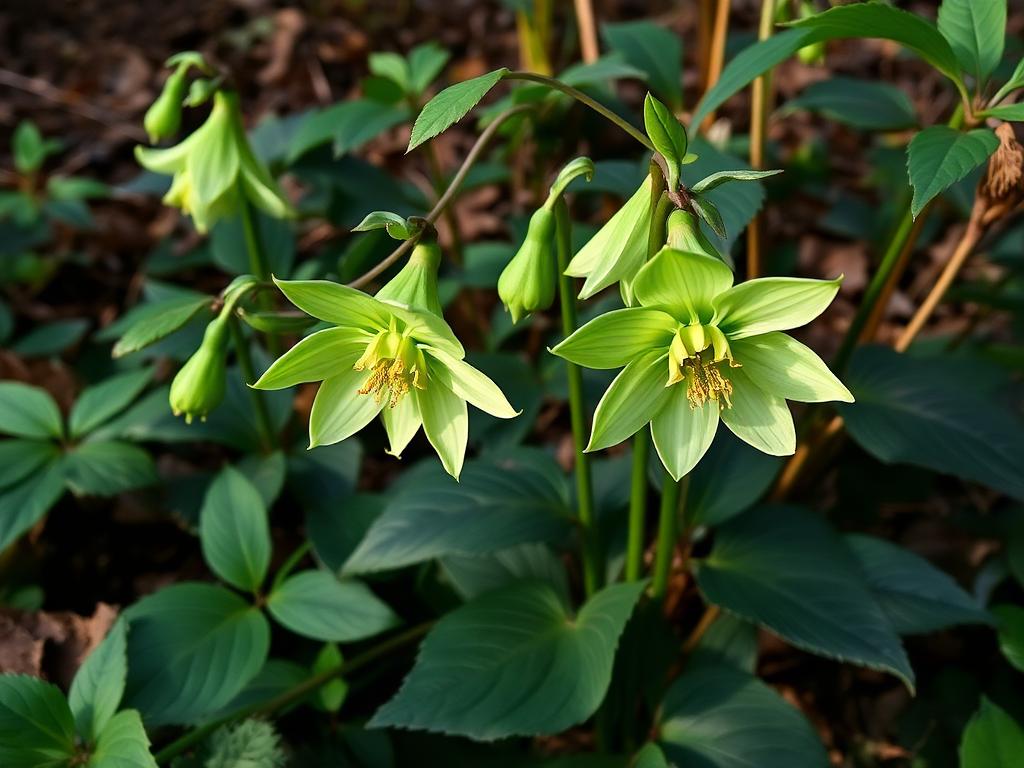 Green hellebore Helleborus argutifolius with pale green flowers in a shaded woodland garden
