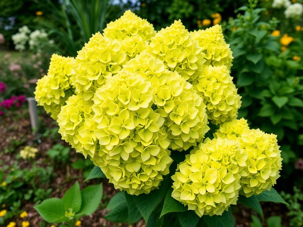 Hydrangea Limelight shrub with large cone-shaped lime green flower panicles in a summer garden