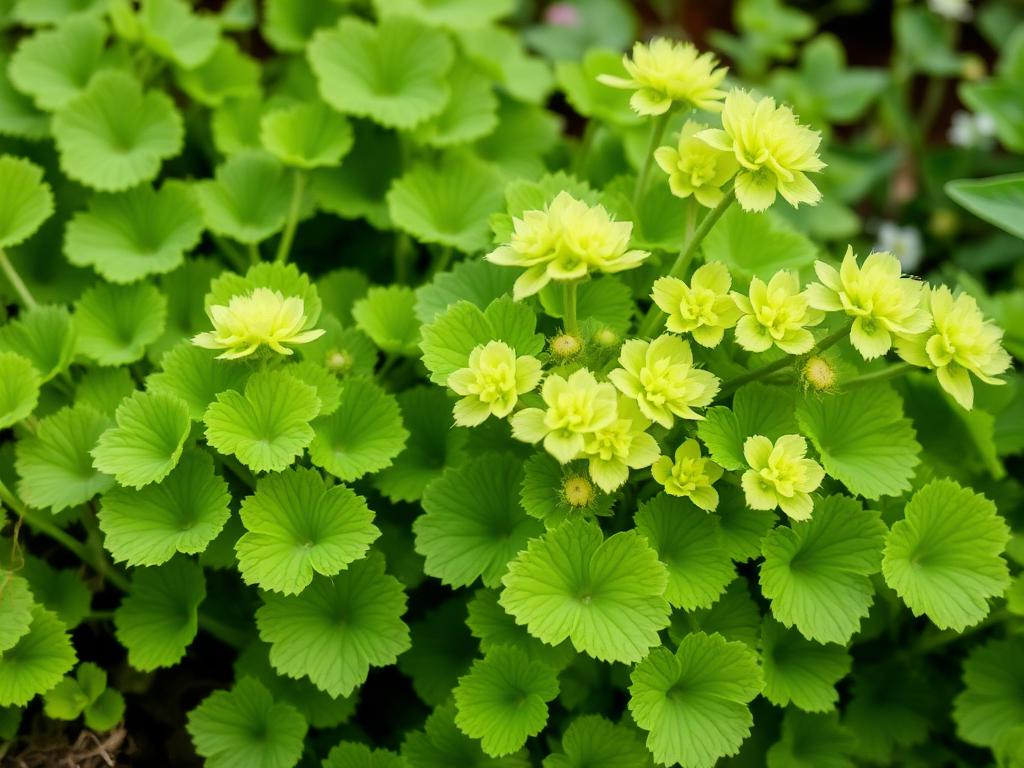 Alchemilla mollis lady's mantle with soft scalloped leaves and frothy chartreuse lime green flowers