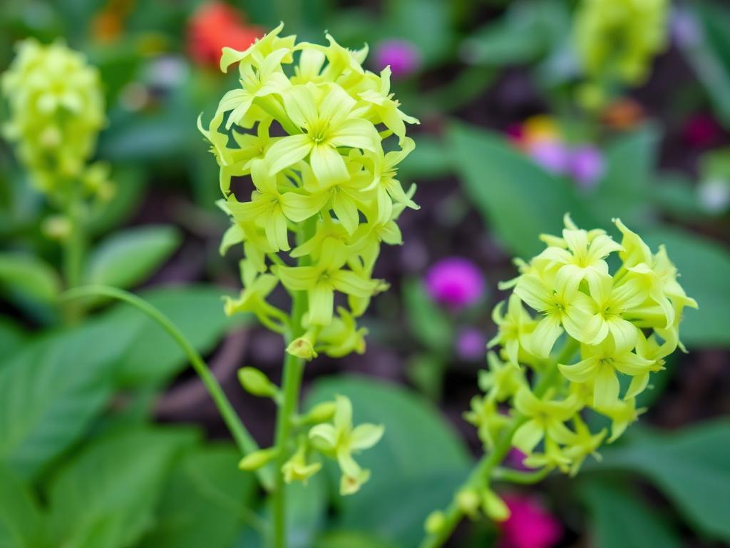 Nicotiana Lime Green flowering tobacco plant with pale chartreuse green star-shaped flowers