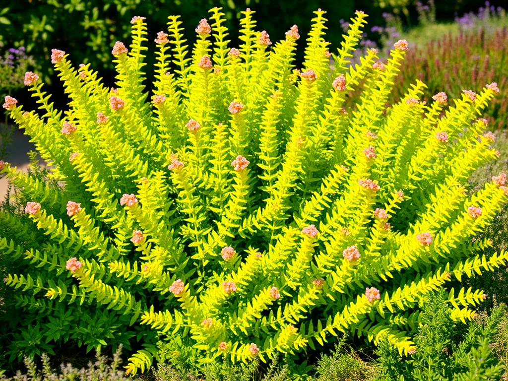 Spiraea Goldmound shrub with bright lime green chartreuse foliage and small pink flowers