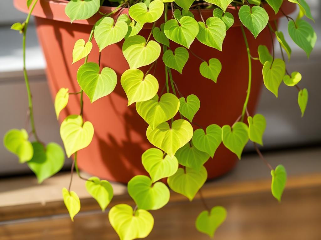 Sweet potato vine Ipomoea batatas Marguerite trailing from a pot with chartreuse heart-shaped leaves