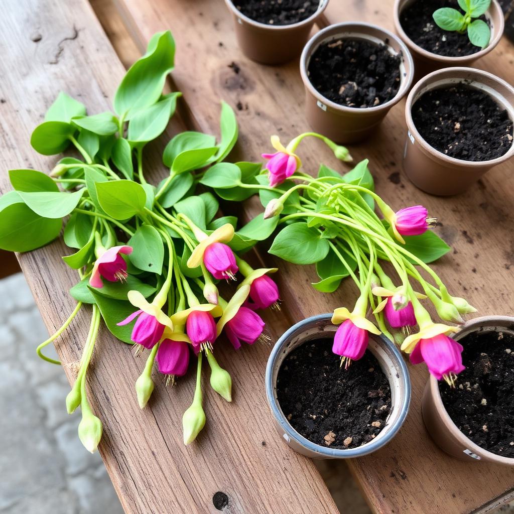 Soft green non-flowering fuchsia cuttings laid on a wooden potting bench beside small pots of compost