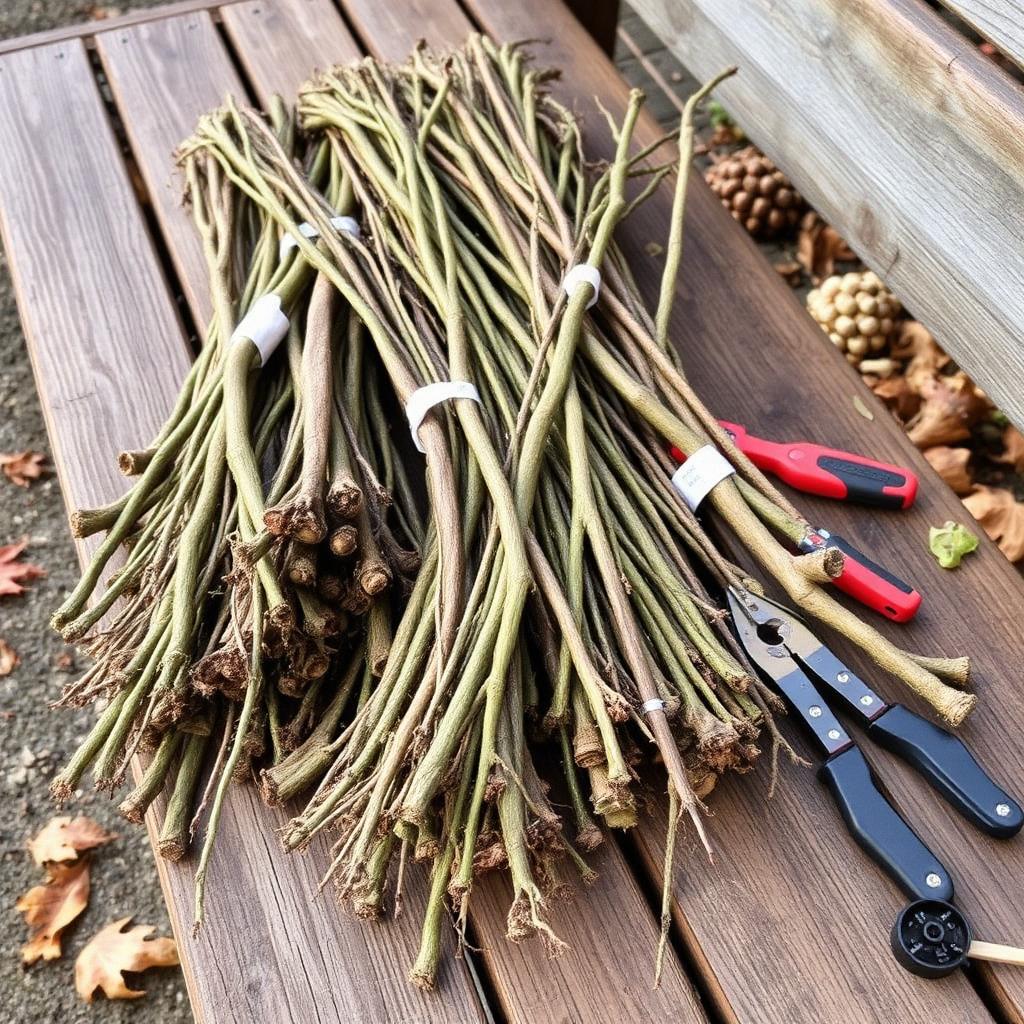 Dormant pencil-thick leafless hardwood plant cuttings bundled with labels on a wooden bench in late autumn