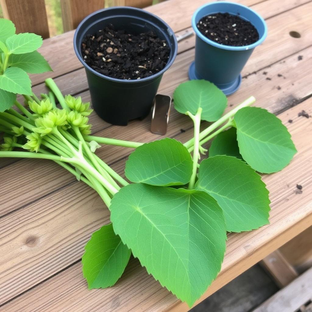 Hydrangea softwood cuttings with large leaves trimmed in half lying on a wooden potting bench beside small pots