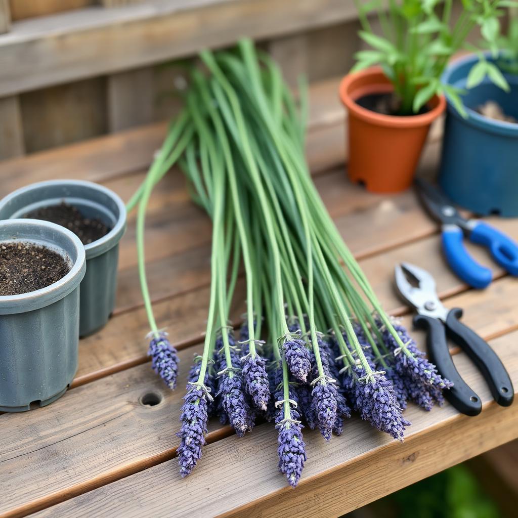 Short semi-ripe lavender cuttings lined up on a wooden potting bench beside small pots and pruners