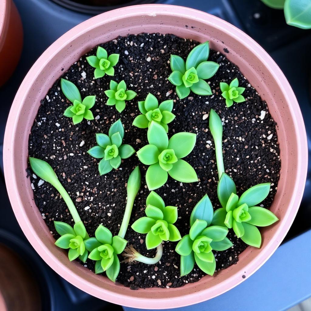 Succulent leaf cuttings laid on gritty compost in a shallow tray with small leaves callused at the base