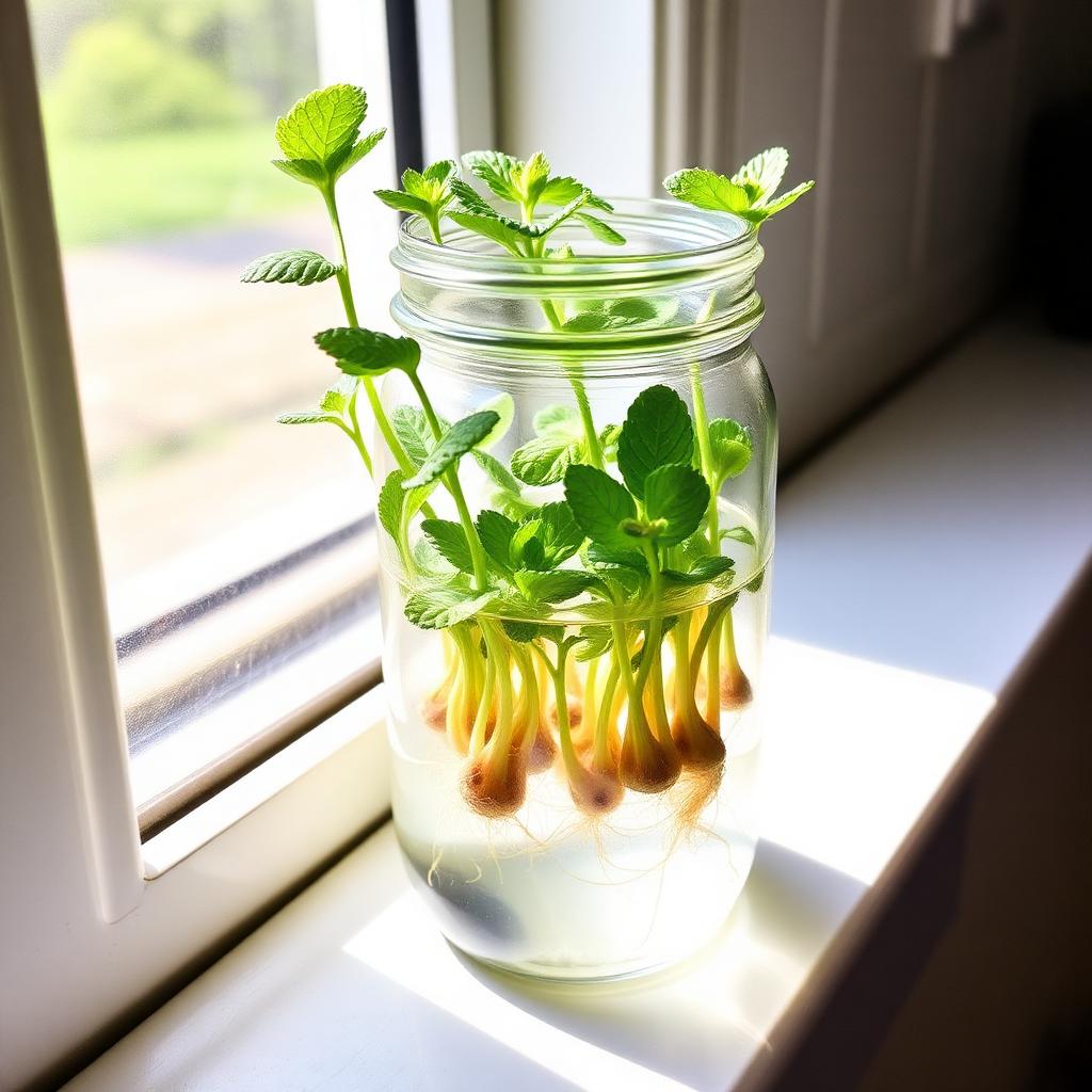 Mint cuttings rooting in a clear glass jar of water on a bright kitchen windowsill with visible white roots