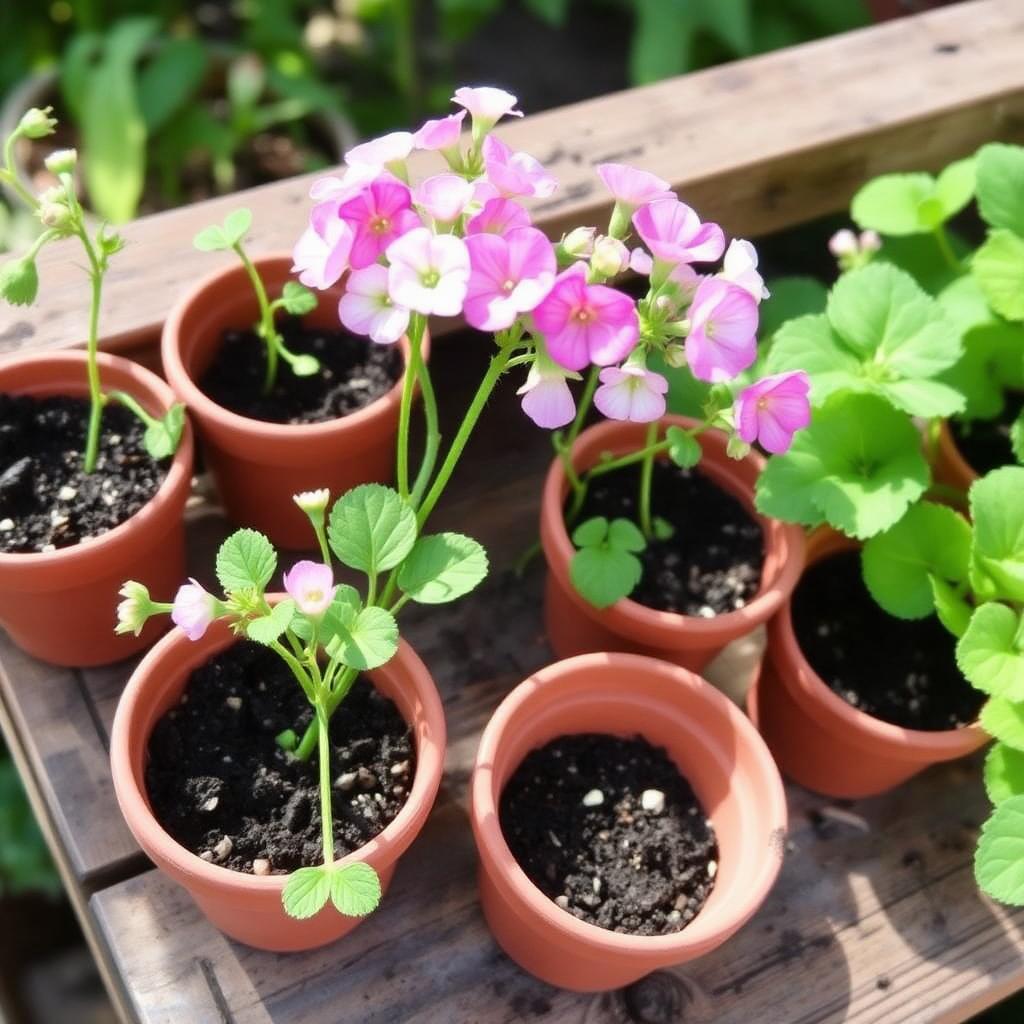 Pelargonium geranium cuttings on a wooden potting bench beside small terracotta pots of free-draining compost