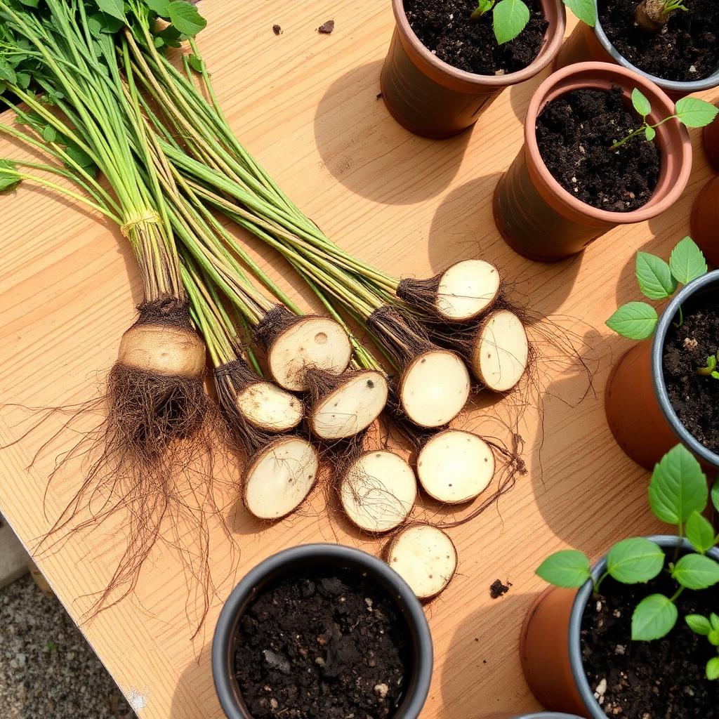 Sections of healthy plant roots laid on a wooden potting bench beside small pots of compost as root cuttings