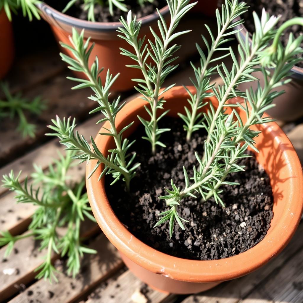 Rosemary cuttings inserted around the edge of a small terracotta pot of free-draining compost on a potting bench