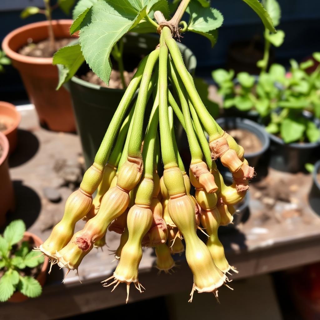 Semi-ripe plant cuttings from a shrubby garden plant with firm bases and softer tips on a wooden potting bench