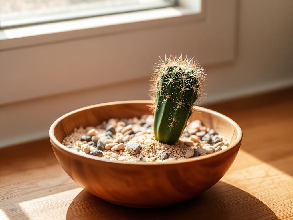 Small round cactus in an open dry sandy bowl with pebbles