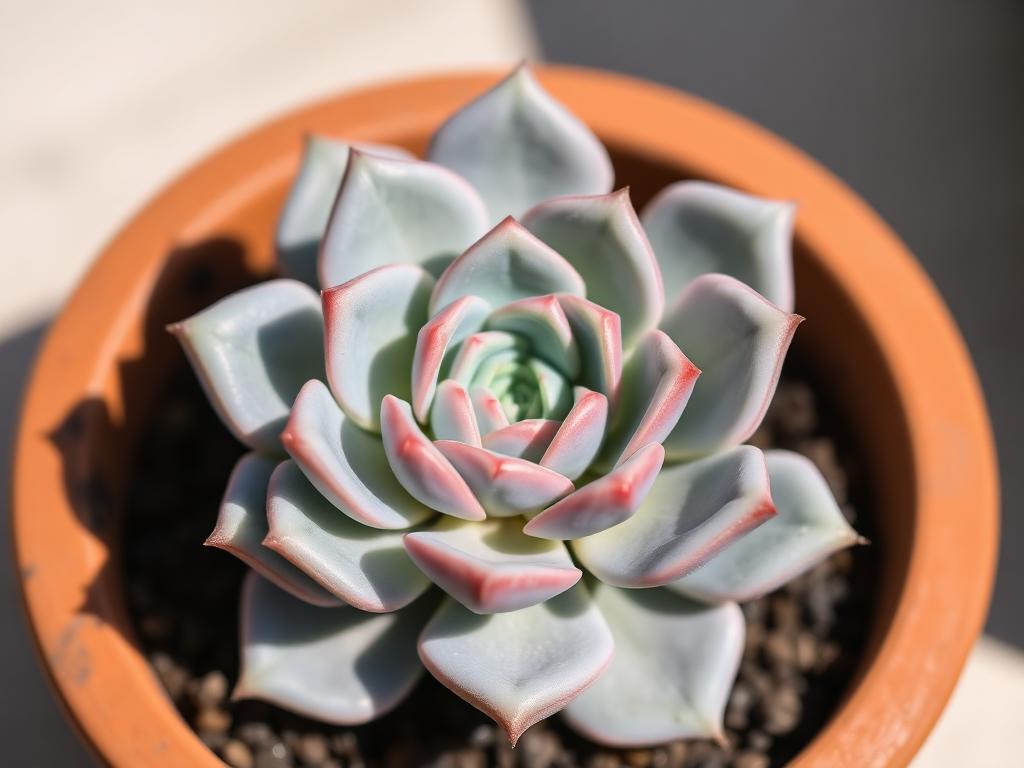 Echeveria succulent rosette with pale blue green leaves in a terracotta pot