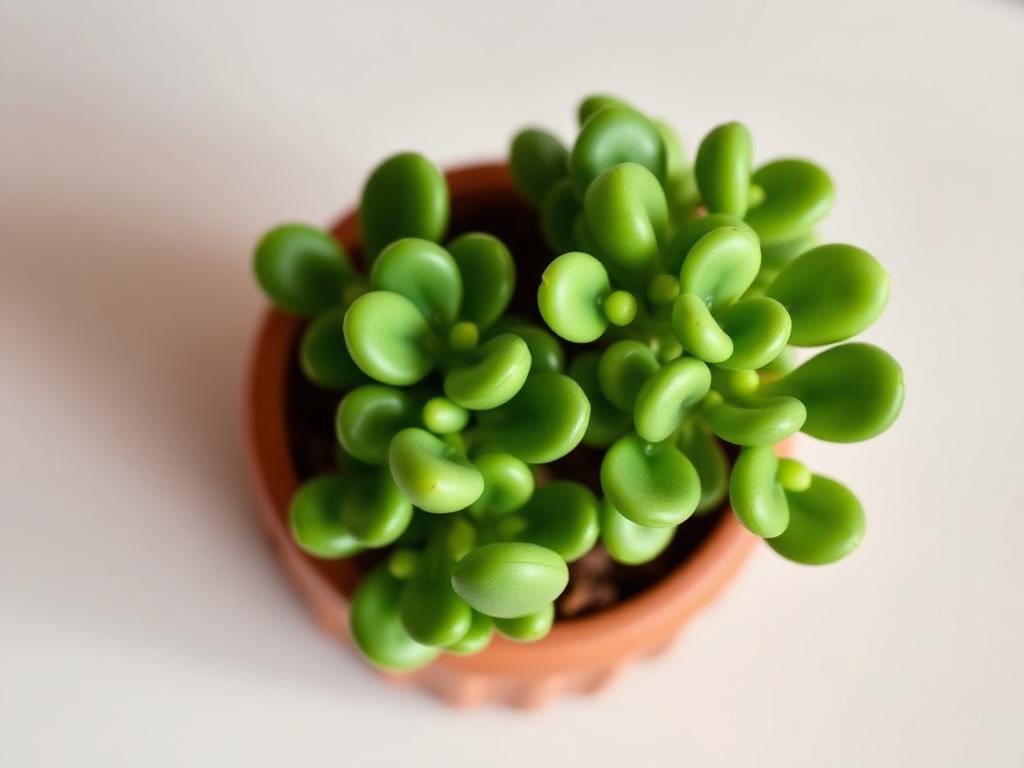 Young jade plant Crassula ovata with thick glossy oval green leaves in a small terracotta pot
