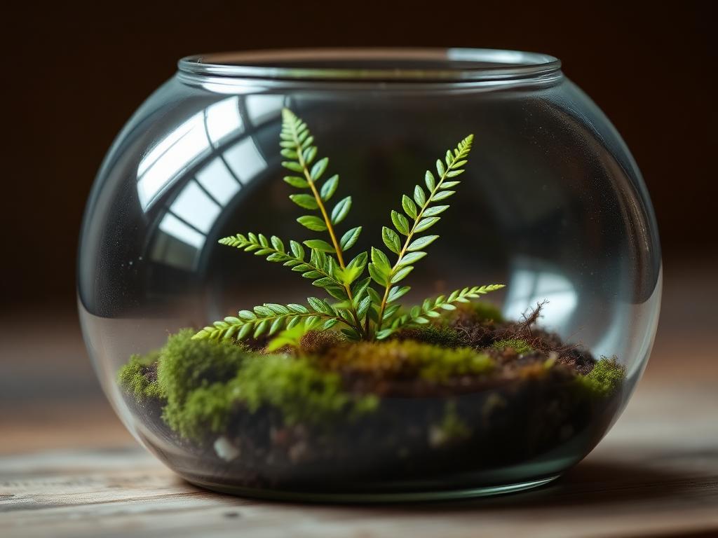 Small miniature fern growing inside a closed glass terrarium with moss