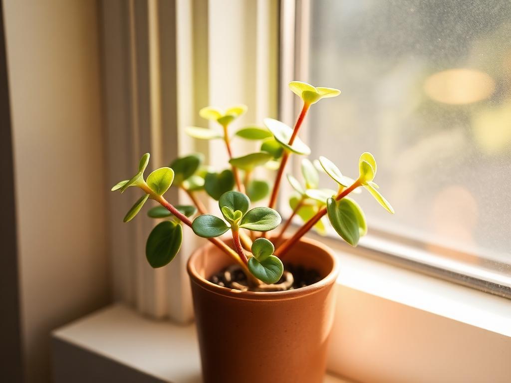 Small peperomia plant with rounded fleshy leaves in a terracotta pot