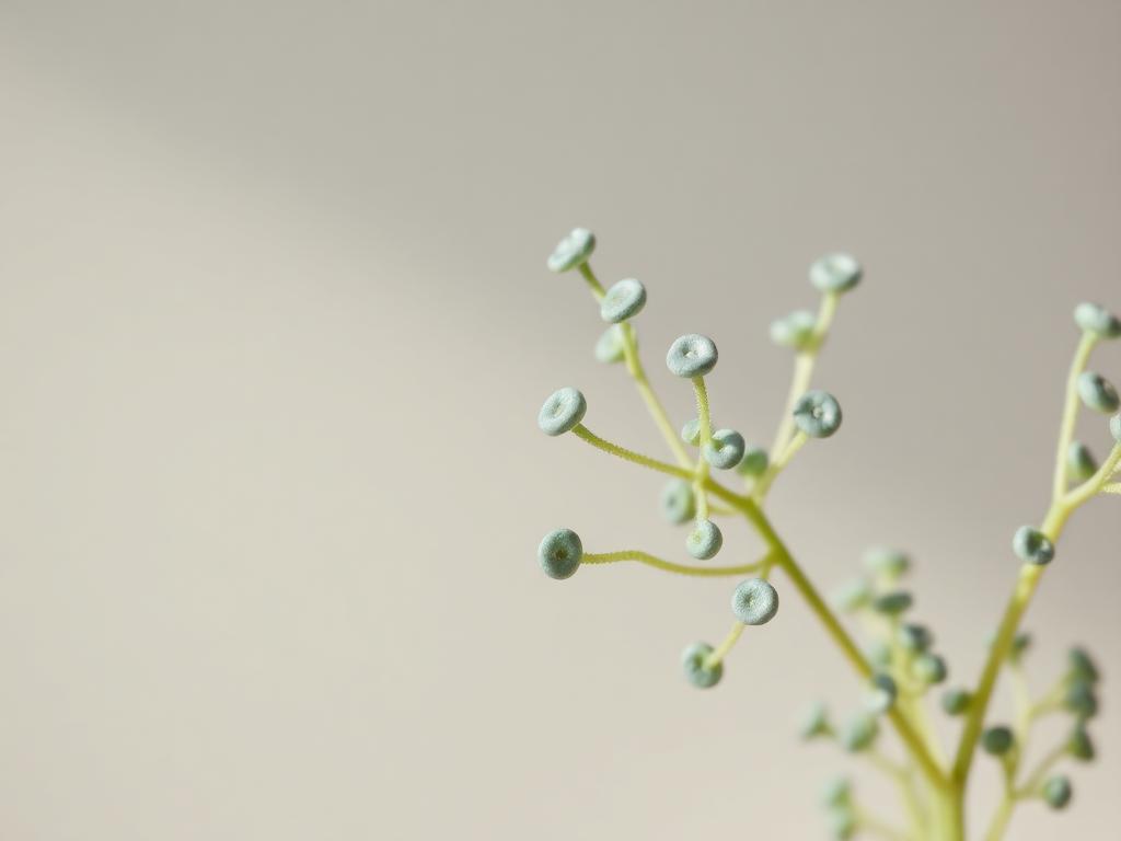 Pilea glauca with tiny silver-blue round leaves on threadlike stems
