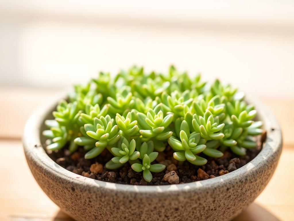Small sedum succulent with low spreading green leaves in a stone dish