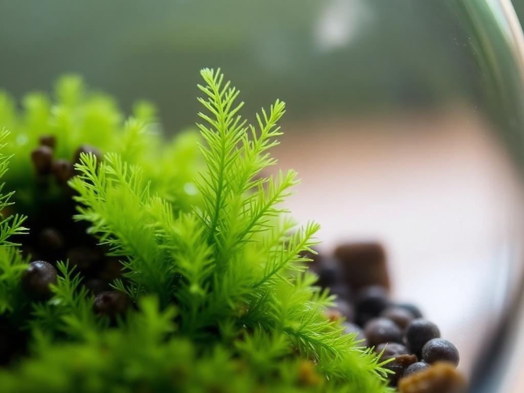 Selaginella kraussiana spike moss with feathery bright green foliage in a glass terrarium
