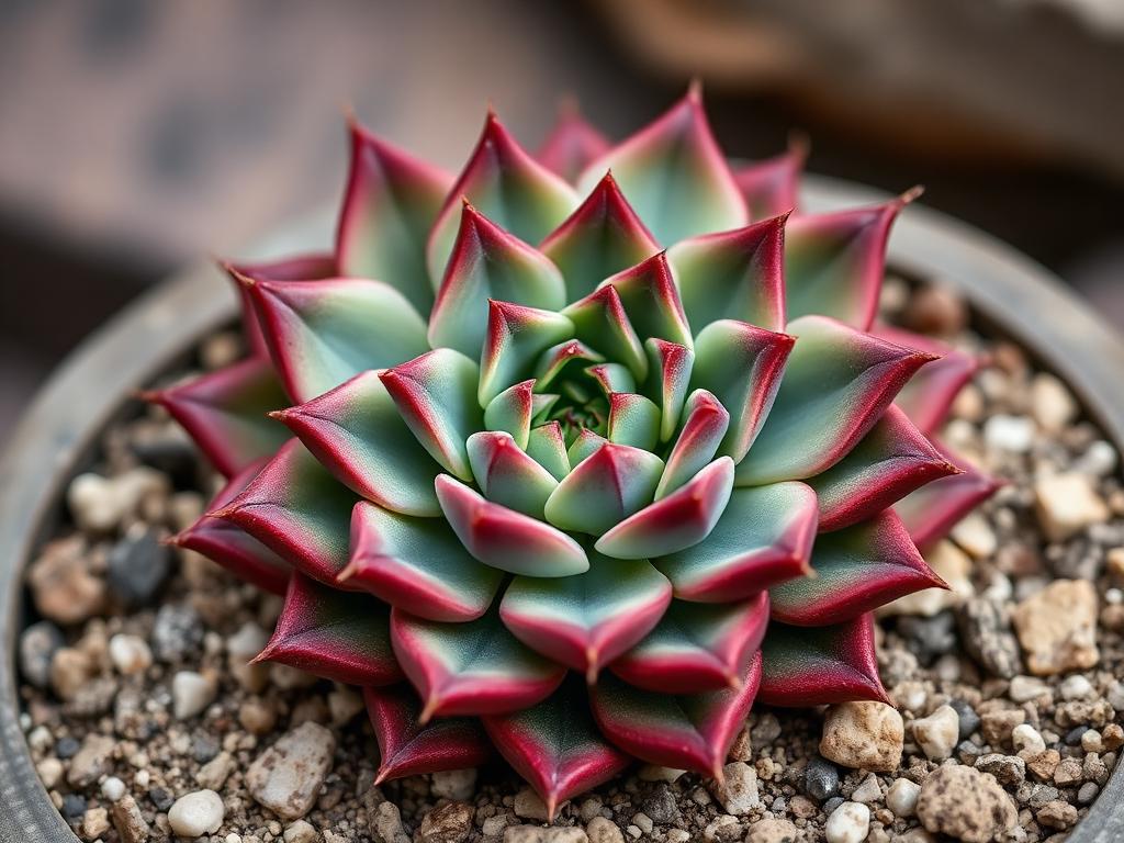 Sempervivum houseleek rosette with tight green and burgundy pointed leaves in gritty substrate