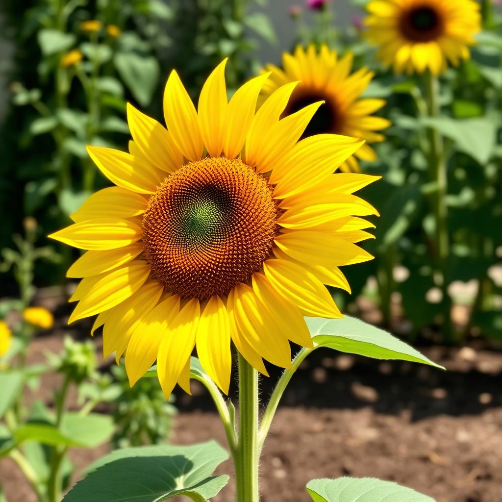 American Giant sunflower with large yellow flower head on a tall sturdy stem in a sunny garden