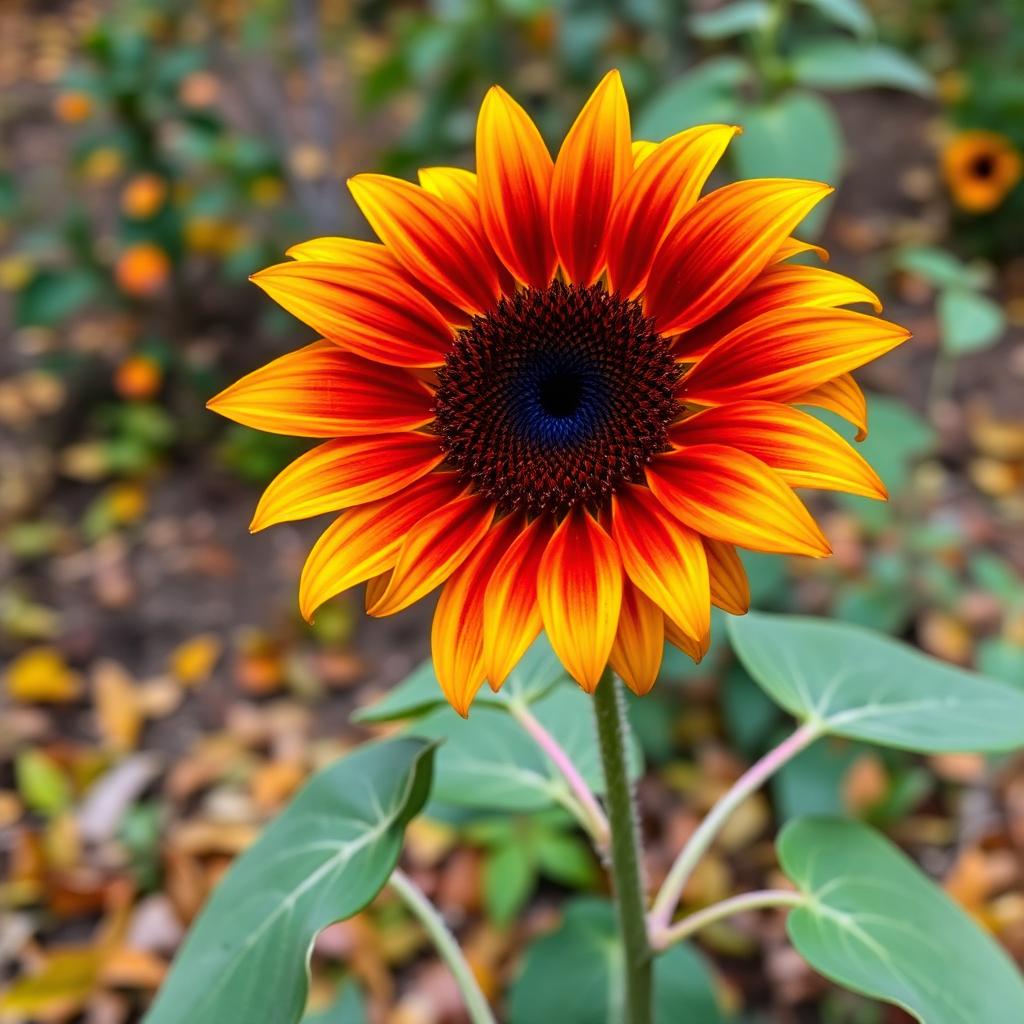 Autumn Beauty sunflower with bicolor petals in warm rust orange and yellow tones around a dark center