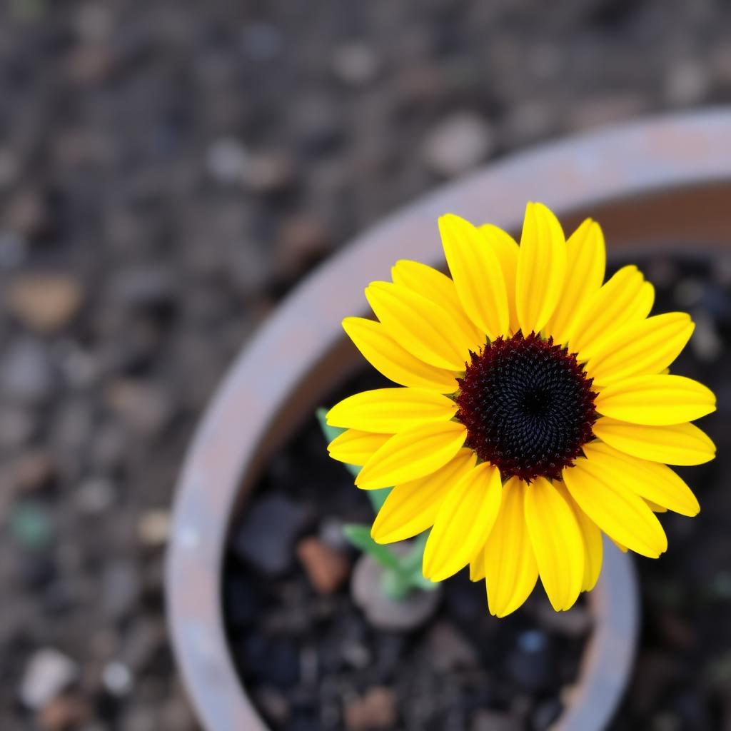 Big Smile miniature sunflower with cheerful yellow petals and dark center on a tiny compact plant
