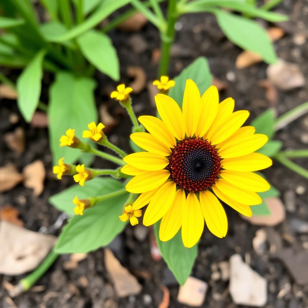 Elf dwarf sunflower with small bright yellow petals and dark center on a very short plant