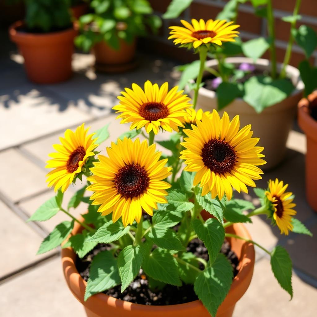 Compact dwarf sunflowers blooming in a terracotta pot on a sunny patio