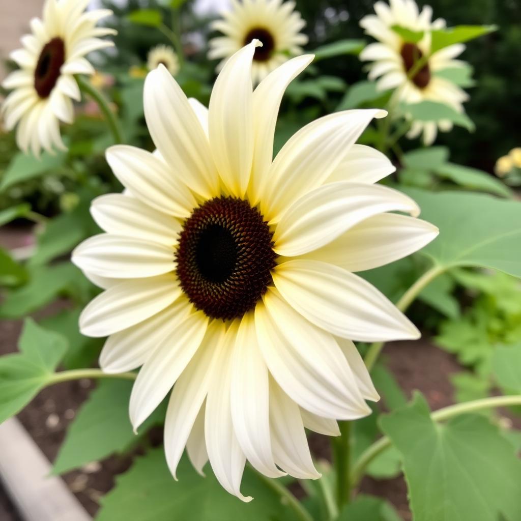 Italian White sunflower with pale creamy white petals and dark chocolate center