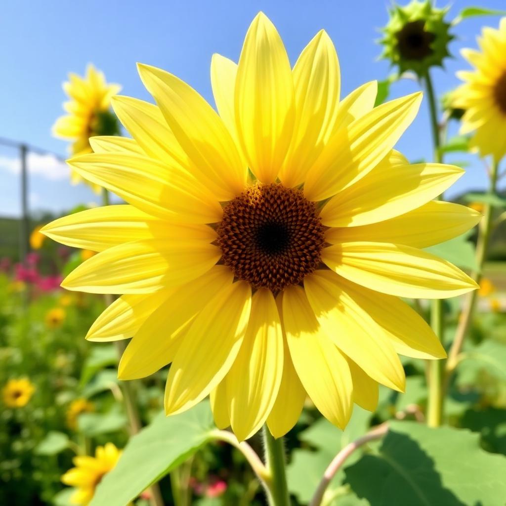 Lemon Queen sunflower with soft pale lemon yellow petals and small dark center on a branching stem