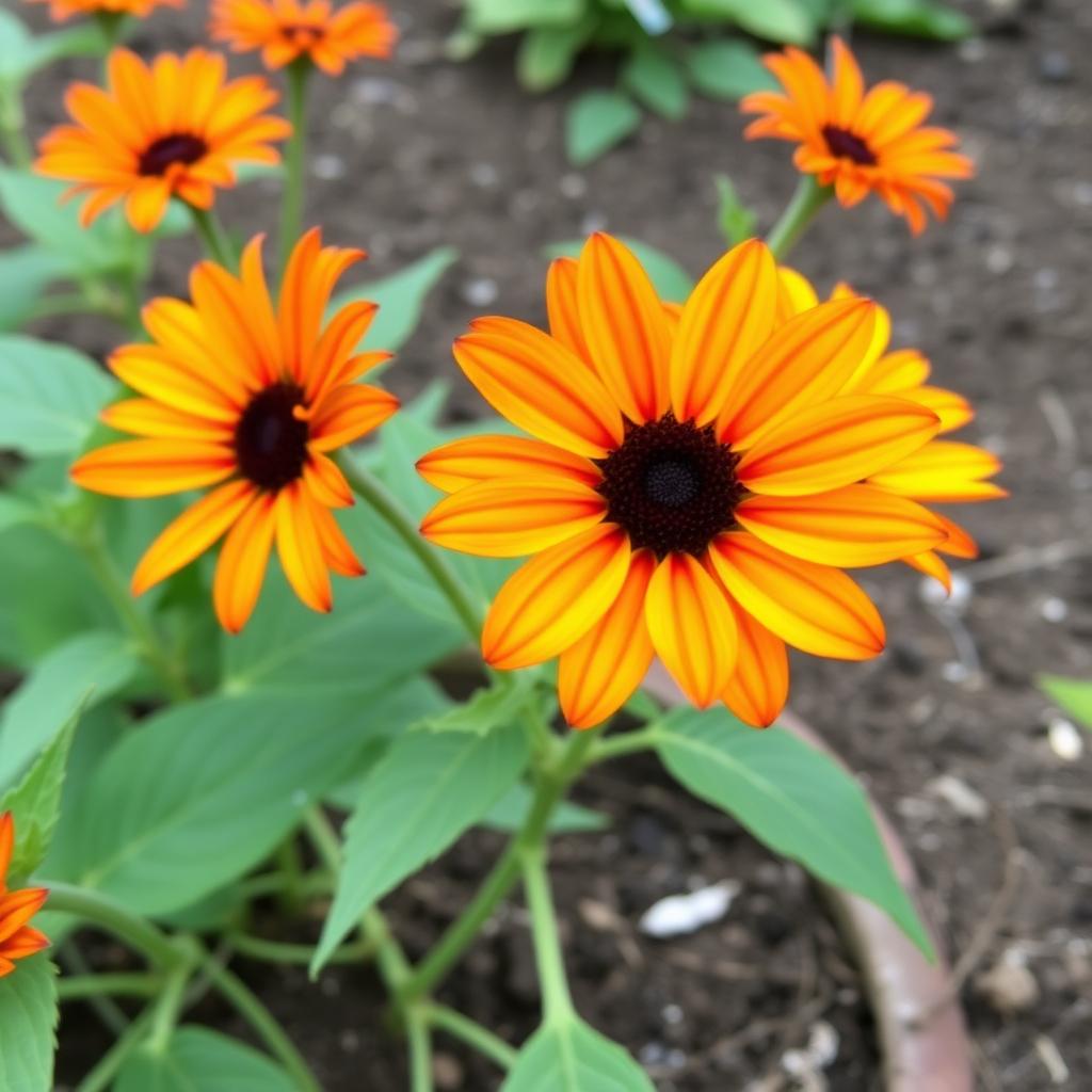 Little Becka small branching sunflower with warm orange and red bicolor petals