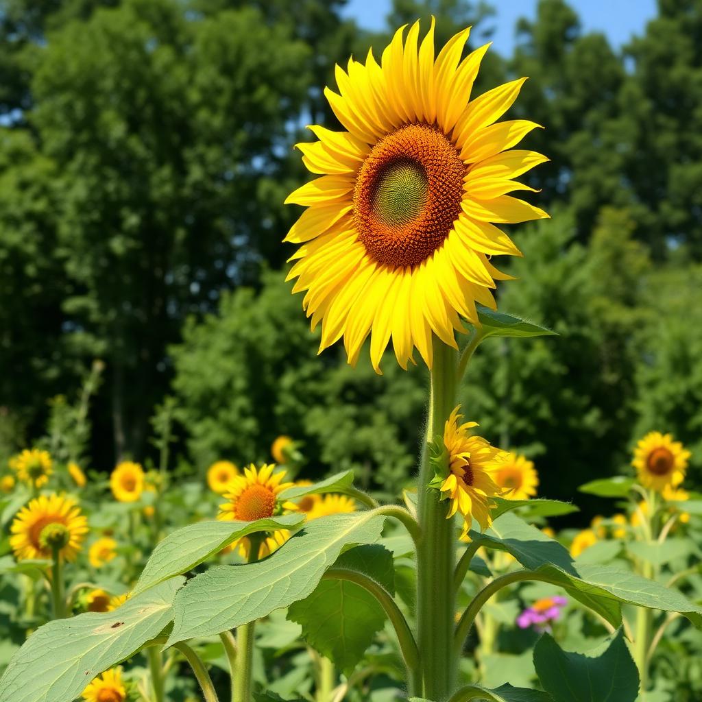Mammoth giant sunflower with huge yellow flower head on a very tall thick stem in a sunny garden