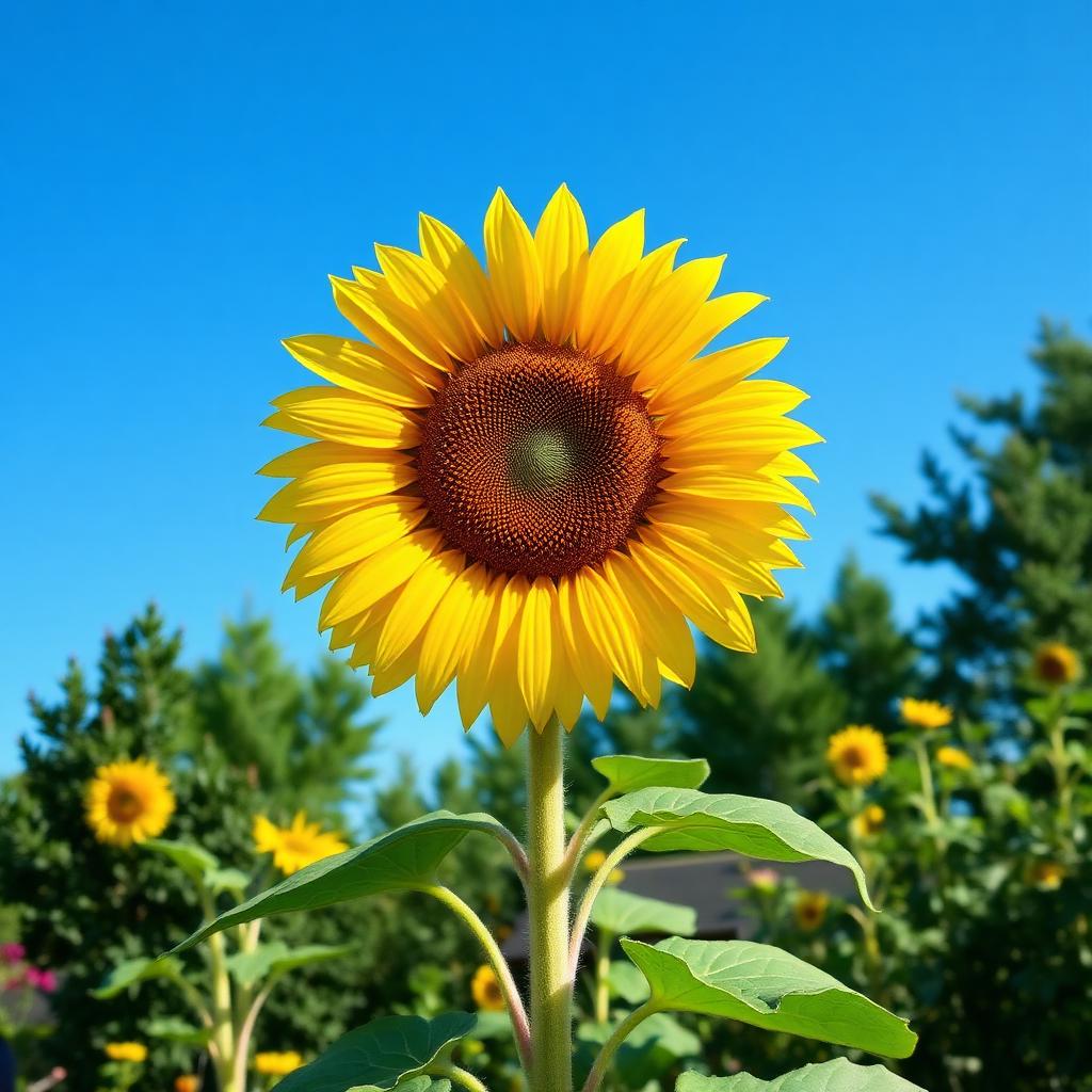 Mongolian Giant sunflower with enormous golden yellow flower head on a very tall stem