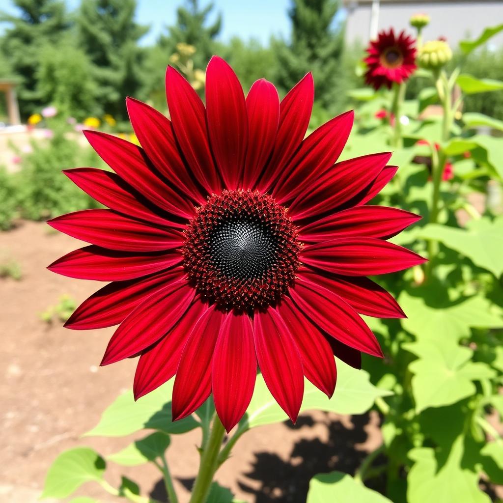 Moulin Rouge sunflower with deep dark red maroon petals and very dark center in a sunny garden