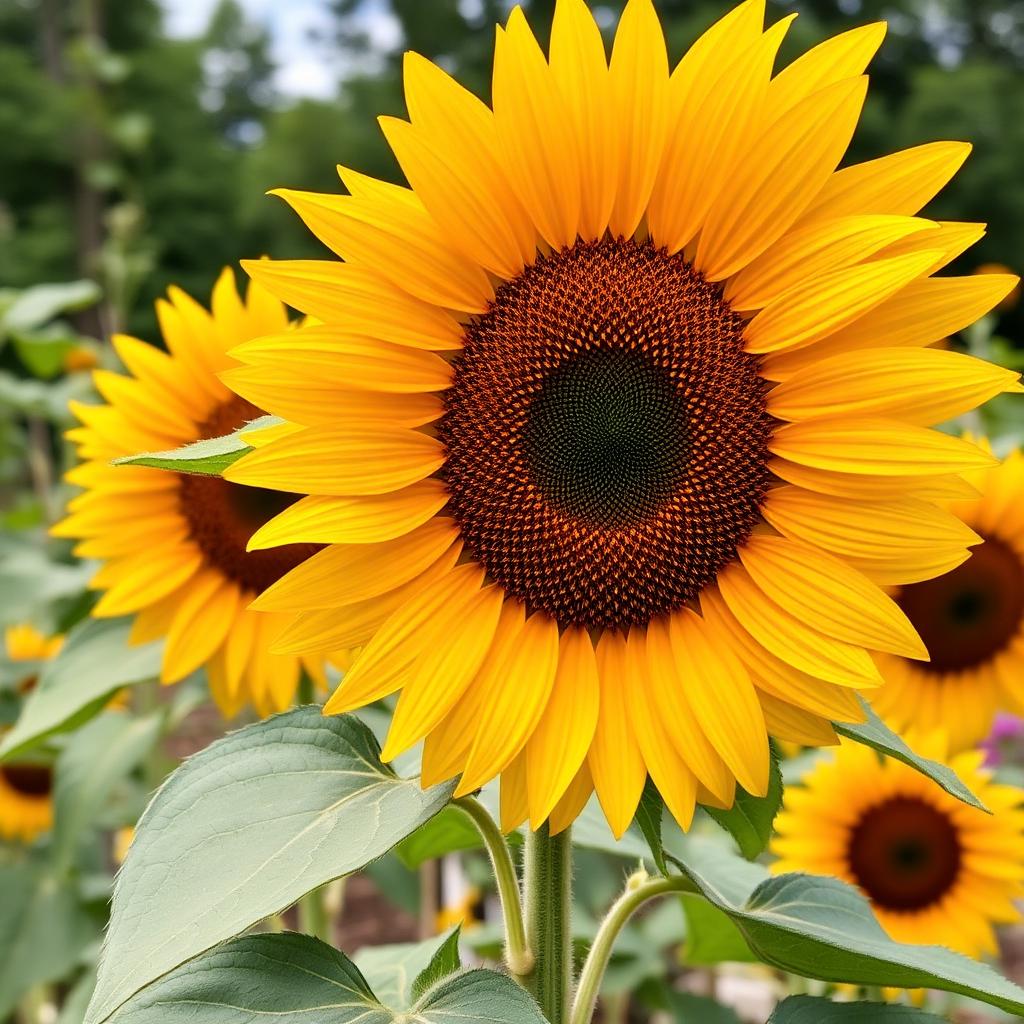 Russian Giant sunflower with massive yellow flower head and broad leaves on a very tall stem