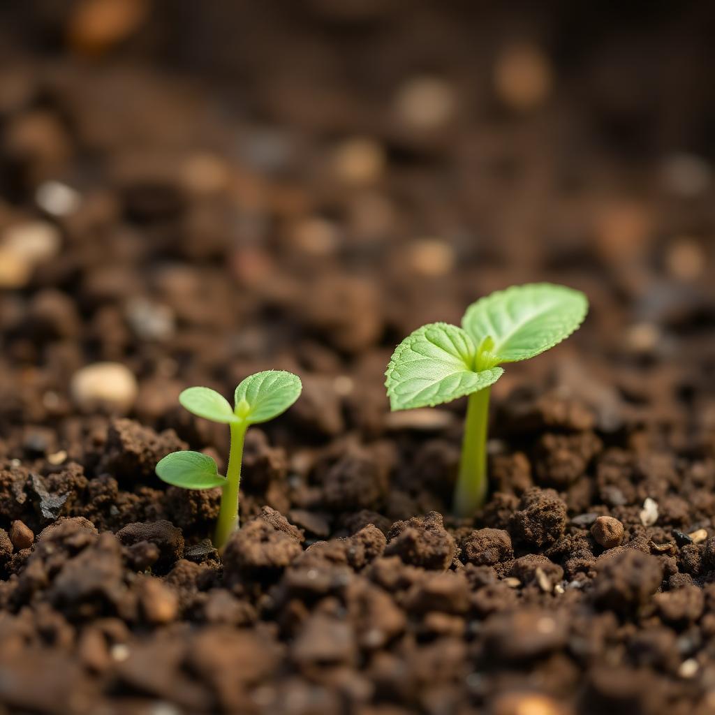Young sunflower seedlings with two cotyledon leaves emerging from rich brown soil