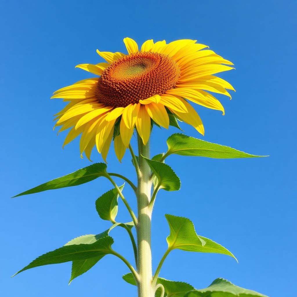 Skyscraper sunflower very tall with large yellow flower head against a blue sky