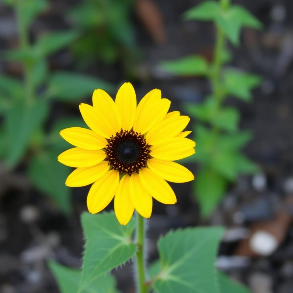 Sunspot dwarf sunflower with large bright yellow flower and dark brown center on a short stem