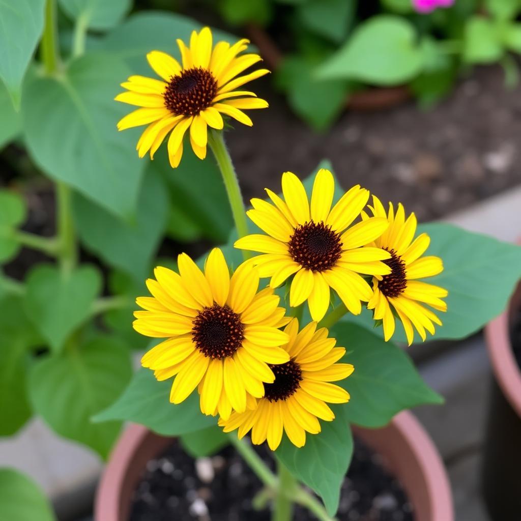 Suntastic dwarf sunflower with multiple bright yellow flowers on a very compact plant in a container
