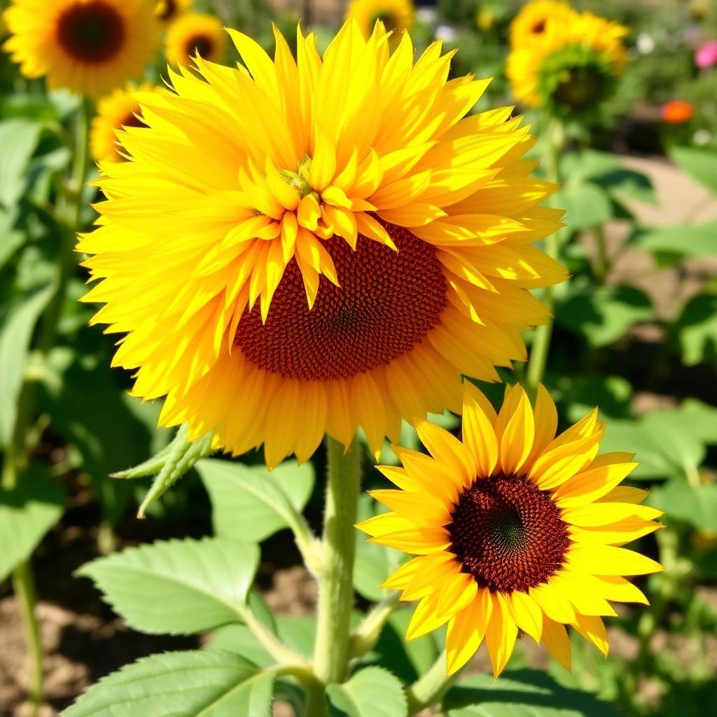 Teddy Bear sunflower with fluffy fully double golden yellow pompon flower head on a compact dwarf plant