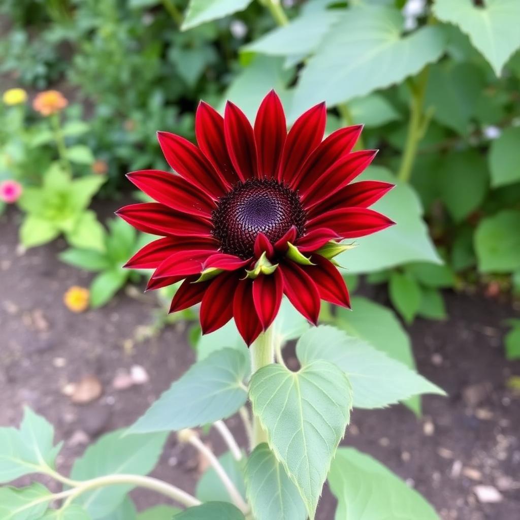 Velvet Queen sunflower with deep burgundy mahogany red velvety petals and dark center