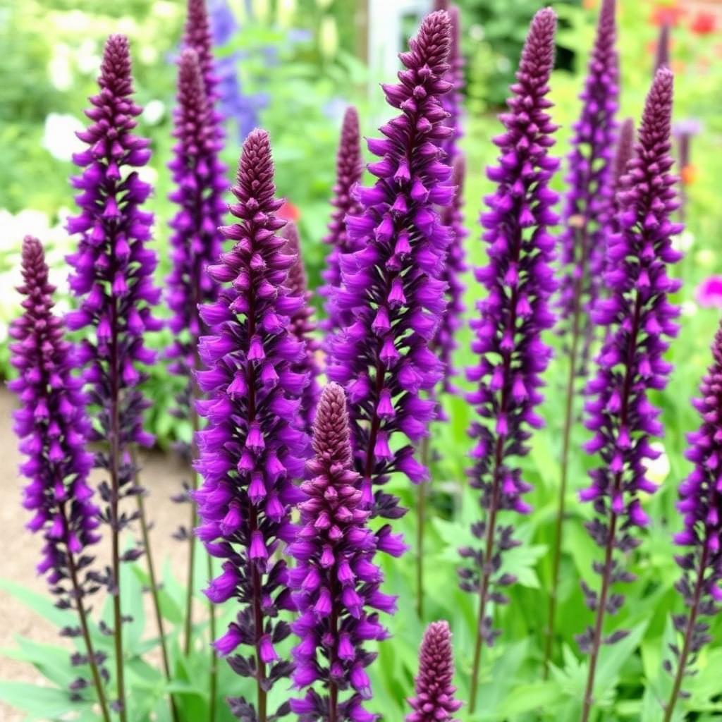 Salvia Amistad with tall spires of rich deep violet purple tubular flowers and dark calyces
