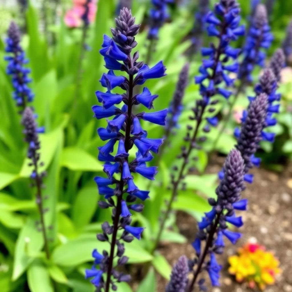Salvia Black and Bloom with deep cobalt blue tubular flowers and very dark calyces and stems