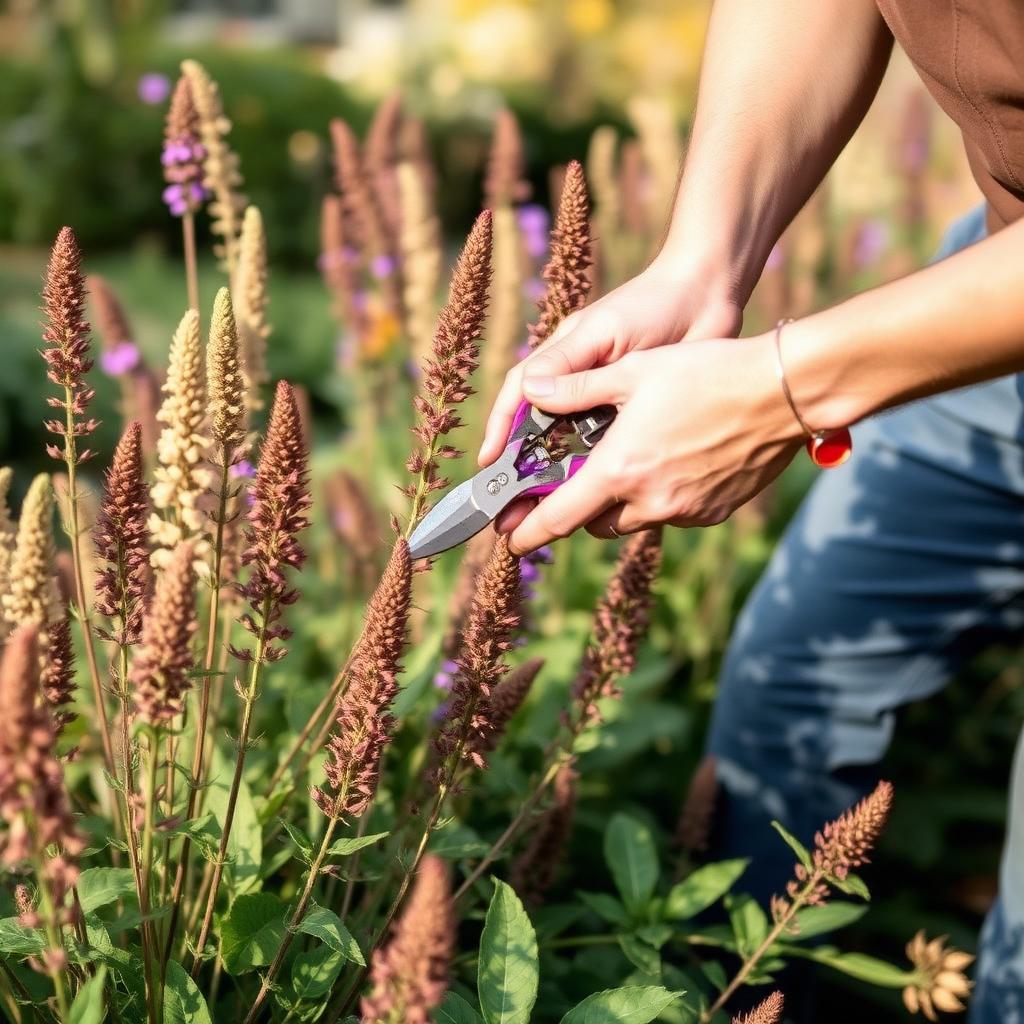 Gardener cutting back salvia plants in autumn with bypass pruners trimming faded flower spikes