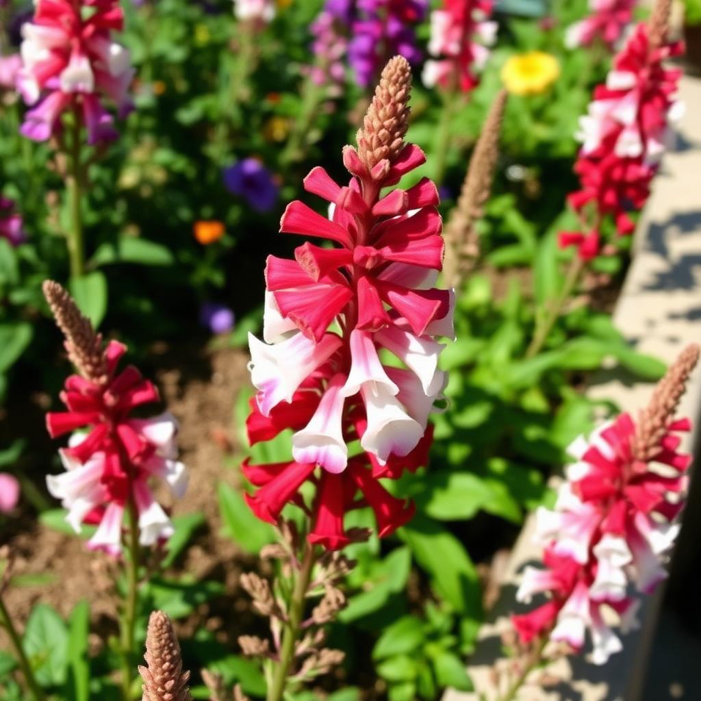 Salvia Hot Lips ornamental salvia with bicolour red and white tubular flowers in a sunny garden border